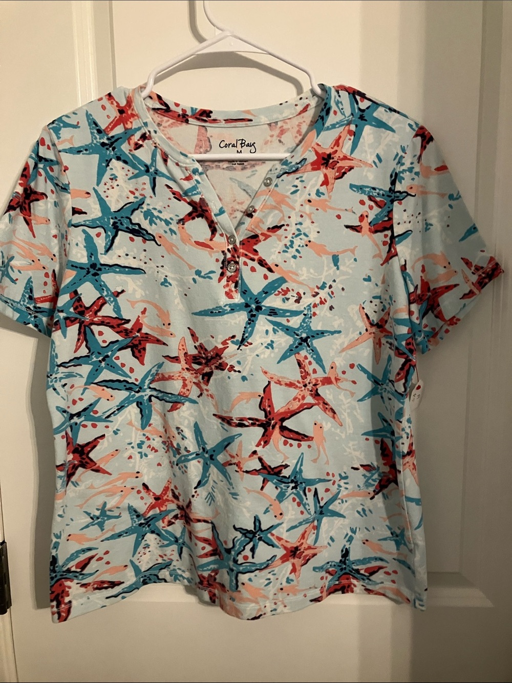 Coral Bay Starfish Print Short Sleeve Tee - Aqua, Coral & Navy